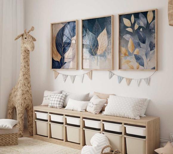 Kit 3 Quadros Decorativo Folhas Douradas Azul-marinho A3