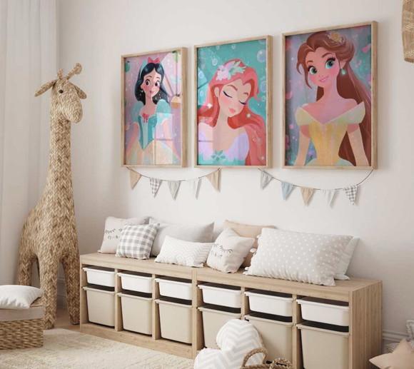 Kit 3 Quadros Decorativo Moldura Princesas Moderna A3