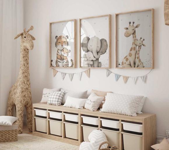 Kit 3 Quadros Decorativos Safari Filhote e Mãe Berçário A3