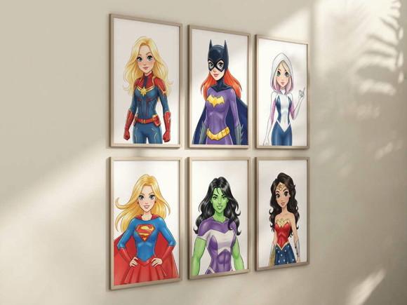 Kit 6 Quadros Decorativos Moldura Super-heroínas Menina A4