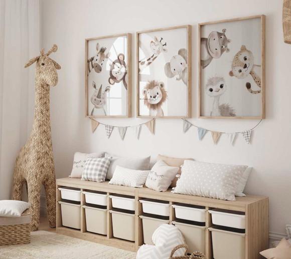 Kit 3 Quadros Decorativos Moldura Viveiro Safari A3