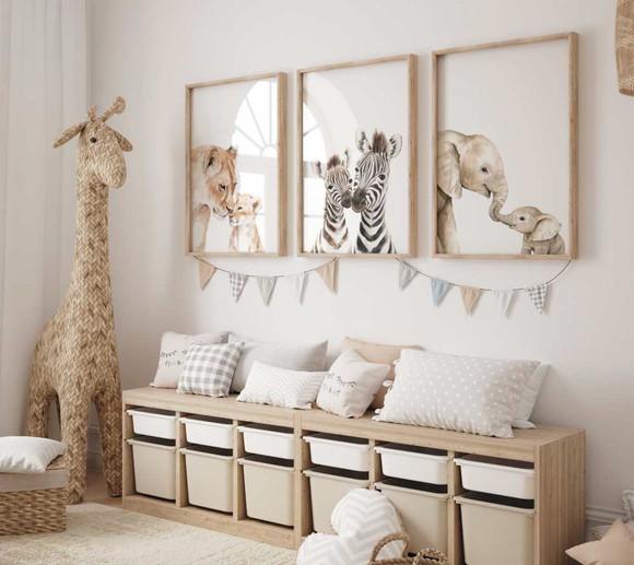 Kit 3 Quadros Decorativos Safari Filhote e Mãe Berçário A3