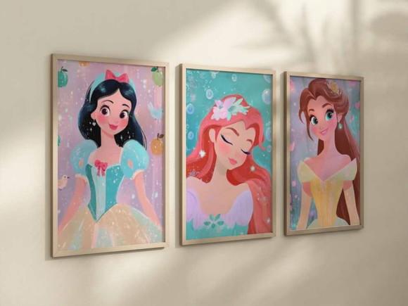 Kit 3 Quadros Decorativo Moldura Princesas Moderna A4