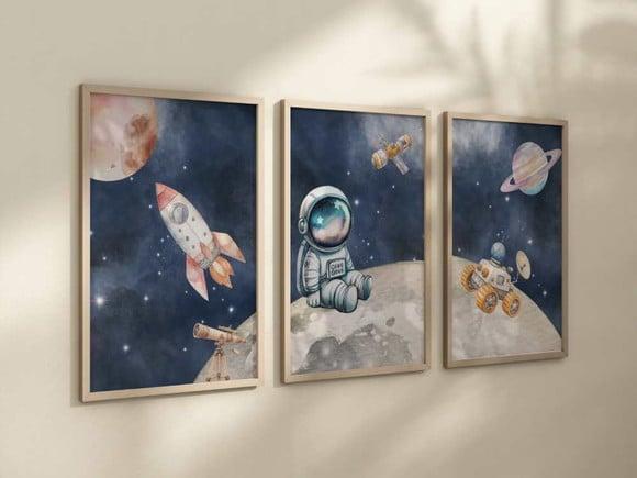 Kit 3 Quadros Decorativo Moldura Astronauta Berçário A4