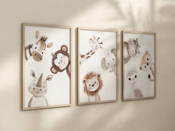 Kit 3 Quadros Decorativos Moldura Viveiro Safari A4