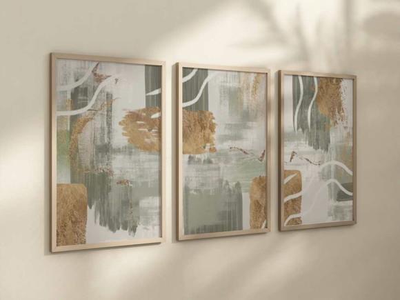 Kit 3 Quadros Decorativo Abstrata Pincelada Verde Dourado A4