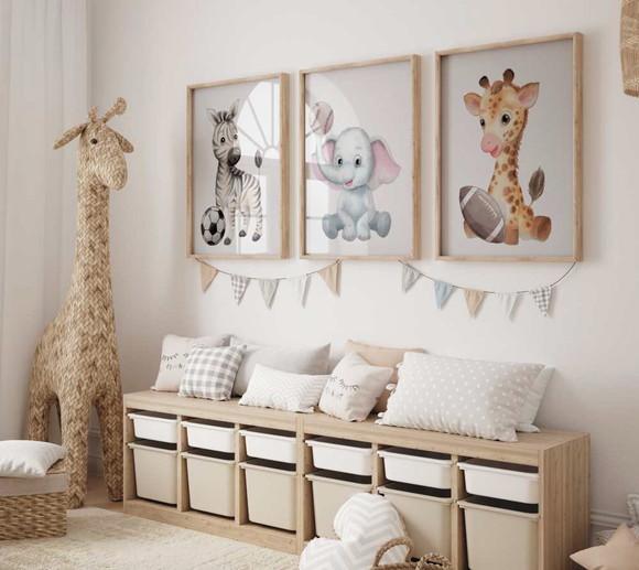 Kit 3 Quadros Decorativos Moldura Bebe Safari Animal Bola A3
