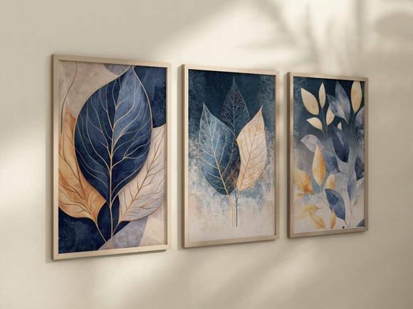 Kit 3 Quadros Decorativo Folhas Douradas Azul-marinho A4