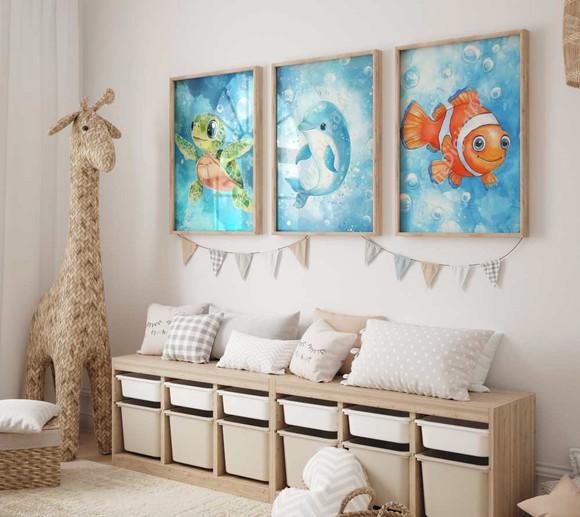 Kit 3 Quadros Decorativos Animais Marinhos Berçário A3
