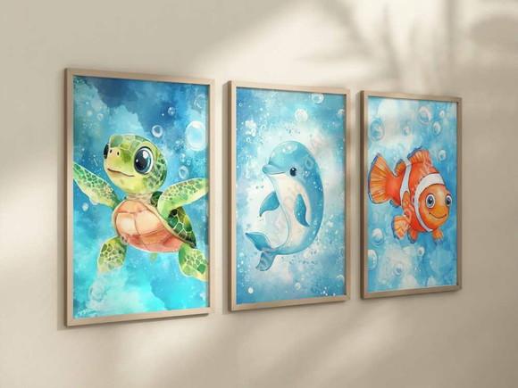 Kit 3 Quadros Decorativos Animais Marinhos Berçário A4