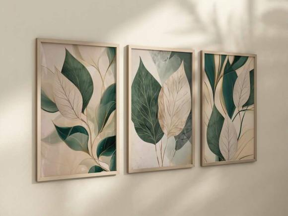 Kit 3 Quadros Decorativo Folhas Verdes e Creme A4