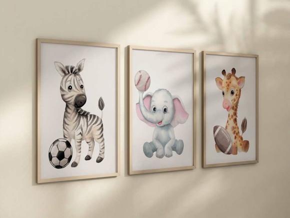 Kit 3 Quadros Decorativos Moldura Bebe Safari Animal Bola A4