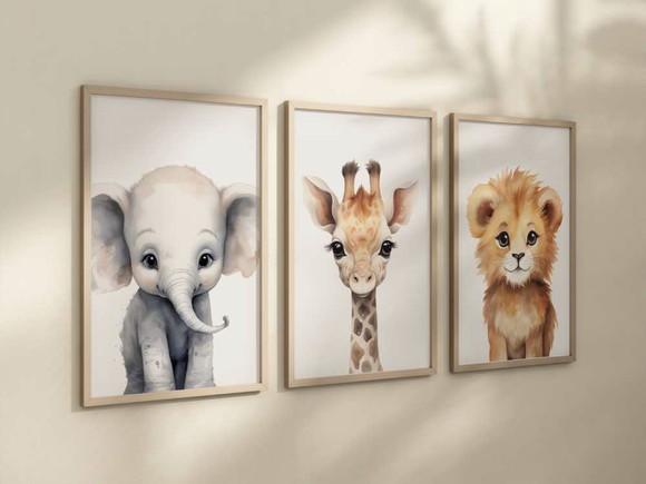 Kit 3 Quadros Decorativos Moldura Safari Aquarela A4