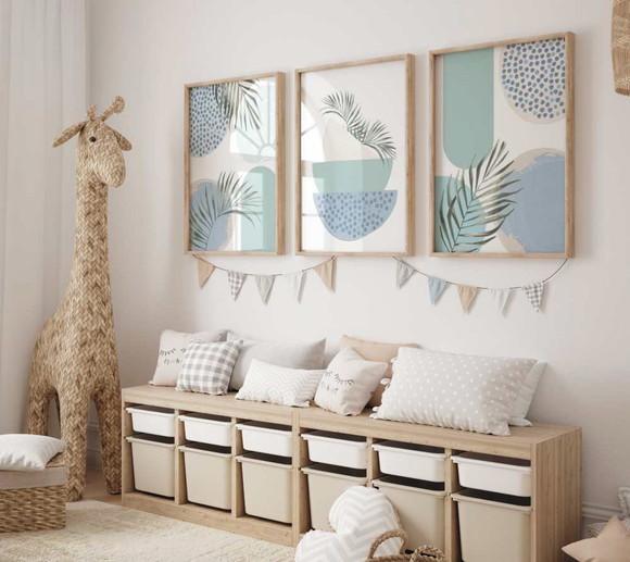 Kit 3 Quadros Decorativos Boho Azul Verde A3