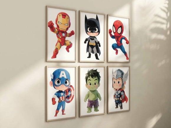 Kit 6 Quadros Decorativos Moldura Super-heróis Baby A4