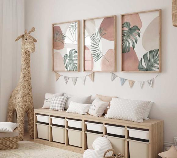 Kit 3 Quadros Decorativo Moldura Boho Folhas Tropicais A3