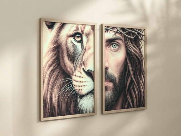 Kit 2 Quadros Decorativo Leão de Judá e Jesus Crist A4 24x34