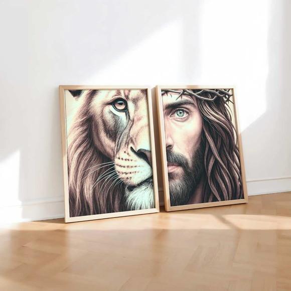 Kit 2 Quadros Decorativo Leão de Judá e Jesus Crist A3 34x44