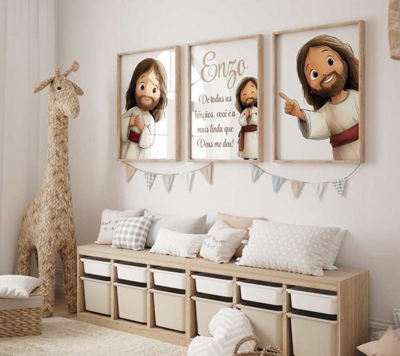 Kit 3 Quadros Decorativo Jesus Mini Berçário Nome A3 34x44