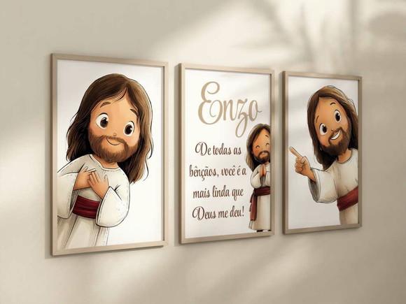 Kit 3 Quadros Decorativo Jesus Mini Berçário Nome A4 24x34