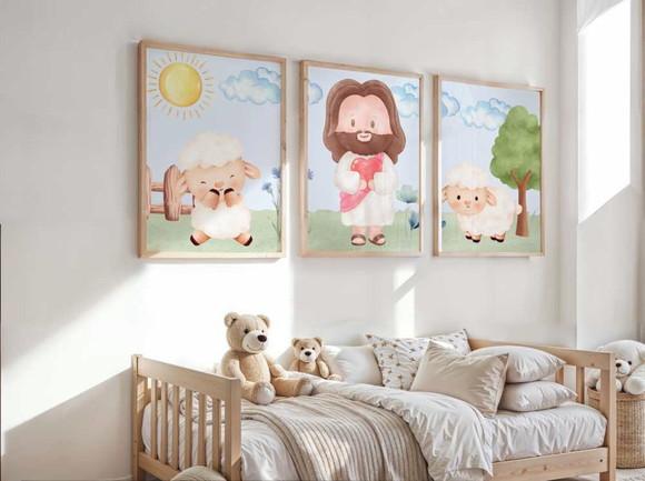Kit 3 Quadros Decorativo Jesus Mini Berçário A2 40x60