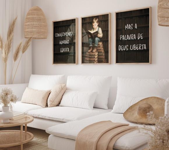 Kit 3 Quadros Decorativo Menino Lendo a Bíblia A3 44x34