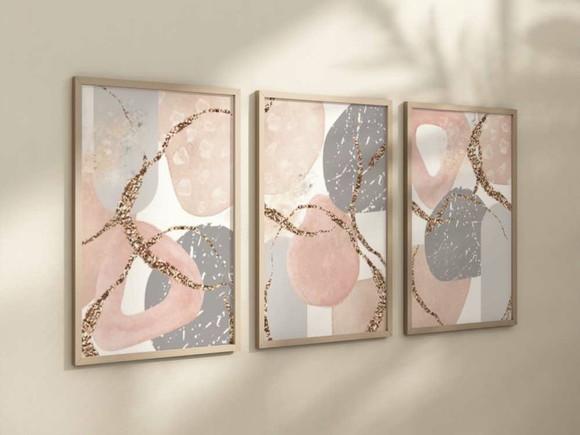 Kit 3 Quadros Decorativo Abstrato Geométrica Rosa Cinza A4