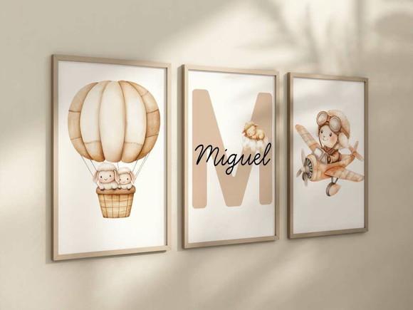 Kit 3 Quadros Decorativo Moldura Ovelha Bege Nome 24x34