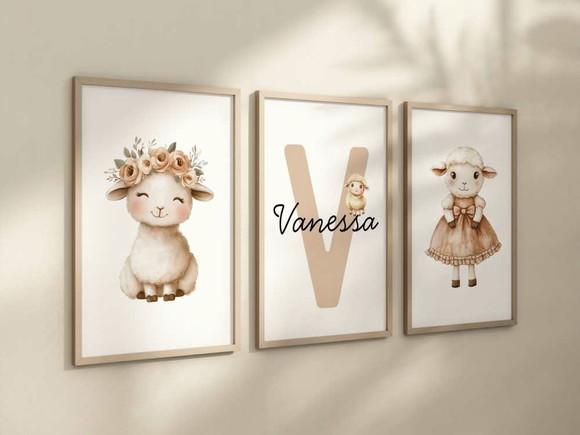 Kit 3 Quadros Decorativo Moldura Ovelha Bege Nome 24x34