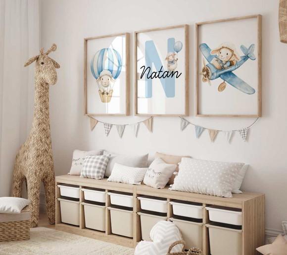 Kit 3 Quadros Decorativo Moldura Ovelha Azul Nome 34x44