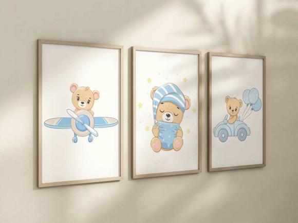 Kit 3 Quadros Decorativo Moldura Ursinhos Fofos Azul A4