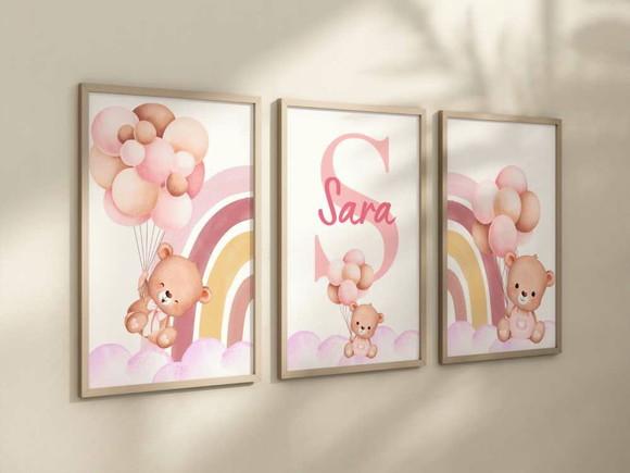 Kit 3 Quadros Decorativo Moldura Ursinhos Menina A3 34x44