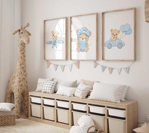 Kit 3 Quadros Decorativo Moldura Ursinhos Fofos Azul A3