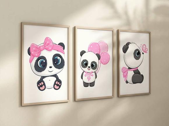 Kit 3 Quadros Decorativo Moldura Ursinhas Panda Rosa A4