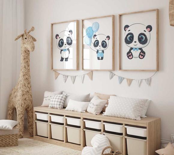 Kit 3 Quadros Decorativo Moldura Ursinhos Panda Azul A3