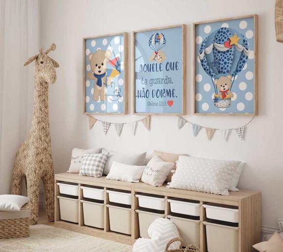 Kit 3 Quadros Decorativo Moldura Ursinho Aventureiro Azul A3