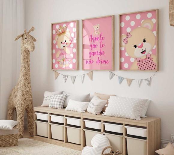 Kit 3 Quadros Decorativo Moldura Ursinha Princesa Rosa A3