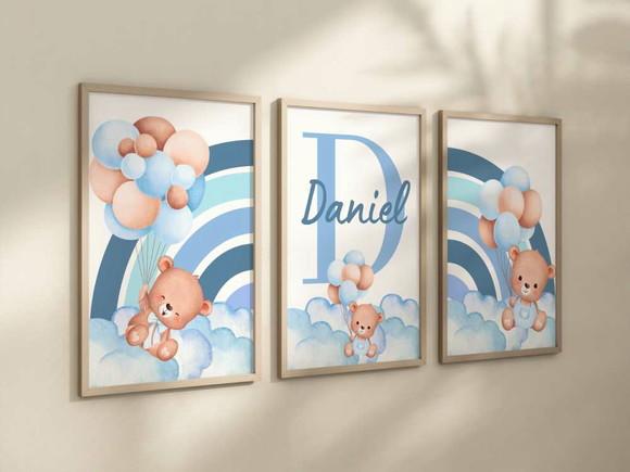 Kit 3 Quadros Decorativo Moldura Ursinhos Menino A4 24x34