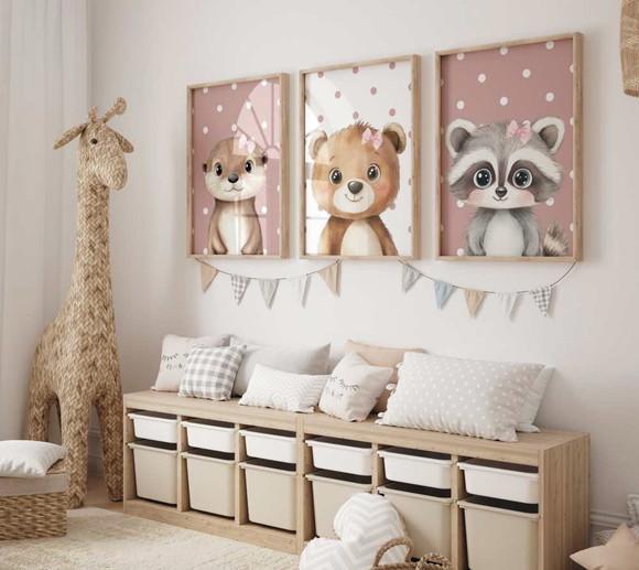 Kit 3 Quadros Decorativos Moldura Safari Rosé Laço A3