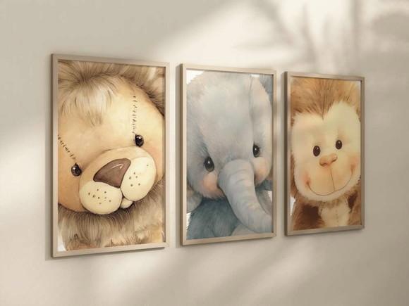 Kit 3 Quadros Decorativos Safari Rosto Pelúcia Berçário A4