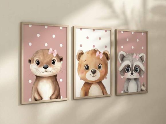 Kit 3 Quadros Decorativos Moldura Safari Rosé Laço A4