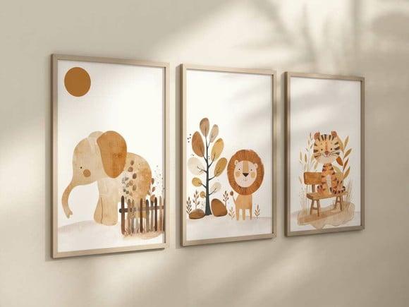 Kit 3 Quadros Decorativos Moldura Bebe Safari Animal A4