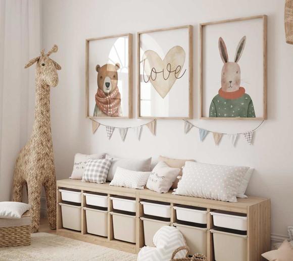 Kit 3 Quadros Decorativo Moldura Animais Fofo Boho Love A3
