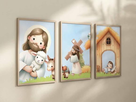 Kit 3 Quadros Decorativo Jesus Mini Berçário A4 24x34