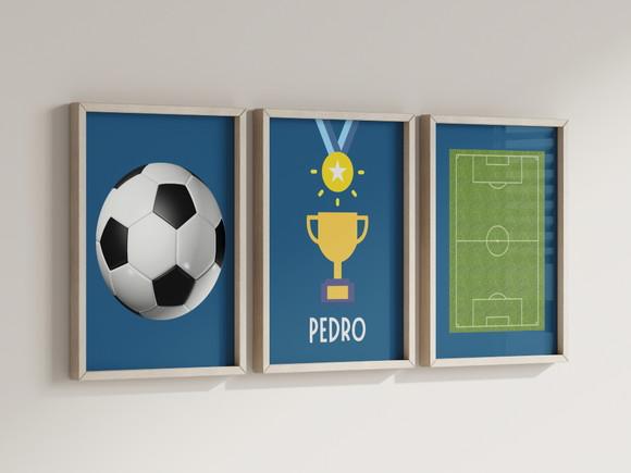Kit 3 Quadros Decorativos Futebol Berçário Bola Troféu