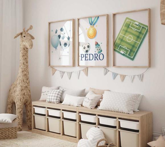 Kit 3 Quadros Decorativos Futebol Berçário Bola Troféu