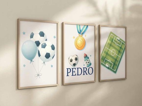 Kit 3 Quadros Decorativos Futebol Berçário Bola Troféu