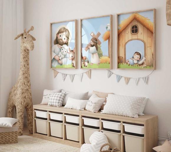 Kit 3 Quadros Decorativo Jesus Mini Berçário A3 34x44