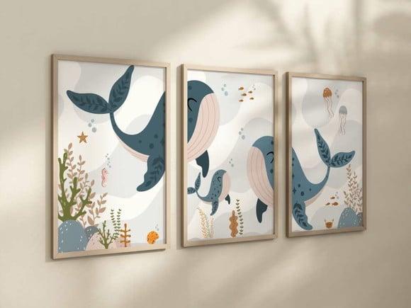 Kit 3 Quadros Decorativo Moldura Baleia Quarto Infantil Bebê