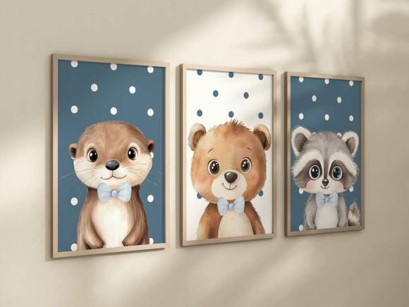 Kit 3 Quadros Decorativos Moldura Safari Azul Gravata A4